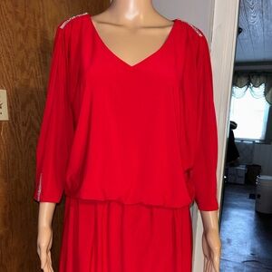 Prelude Red Rhinestone V-Neck Blouson Dress Size 16